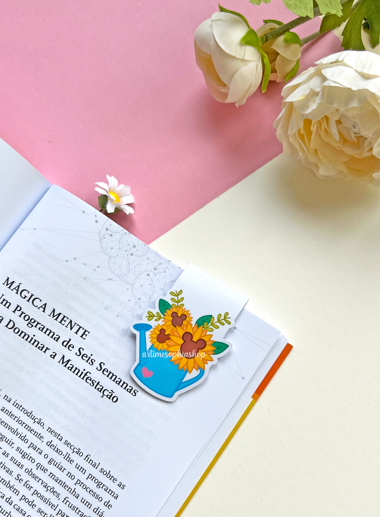 A sunflower-themed magnetic bookmark with hidden Mickey shapes in the flower centers, printed on matte paper with a folded design.