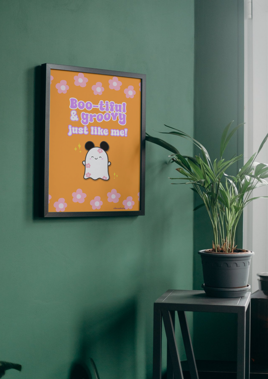 Cute Halloween art print with Daisyboo the ghost dancing under the phrase “Boo-tiful & groovy – just like me”, surrounded by colourful, whimsical Halloween elements.