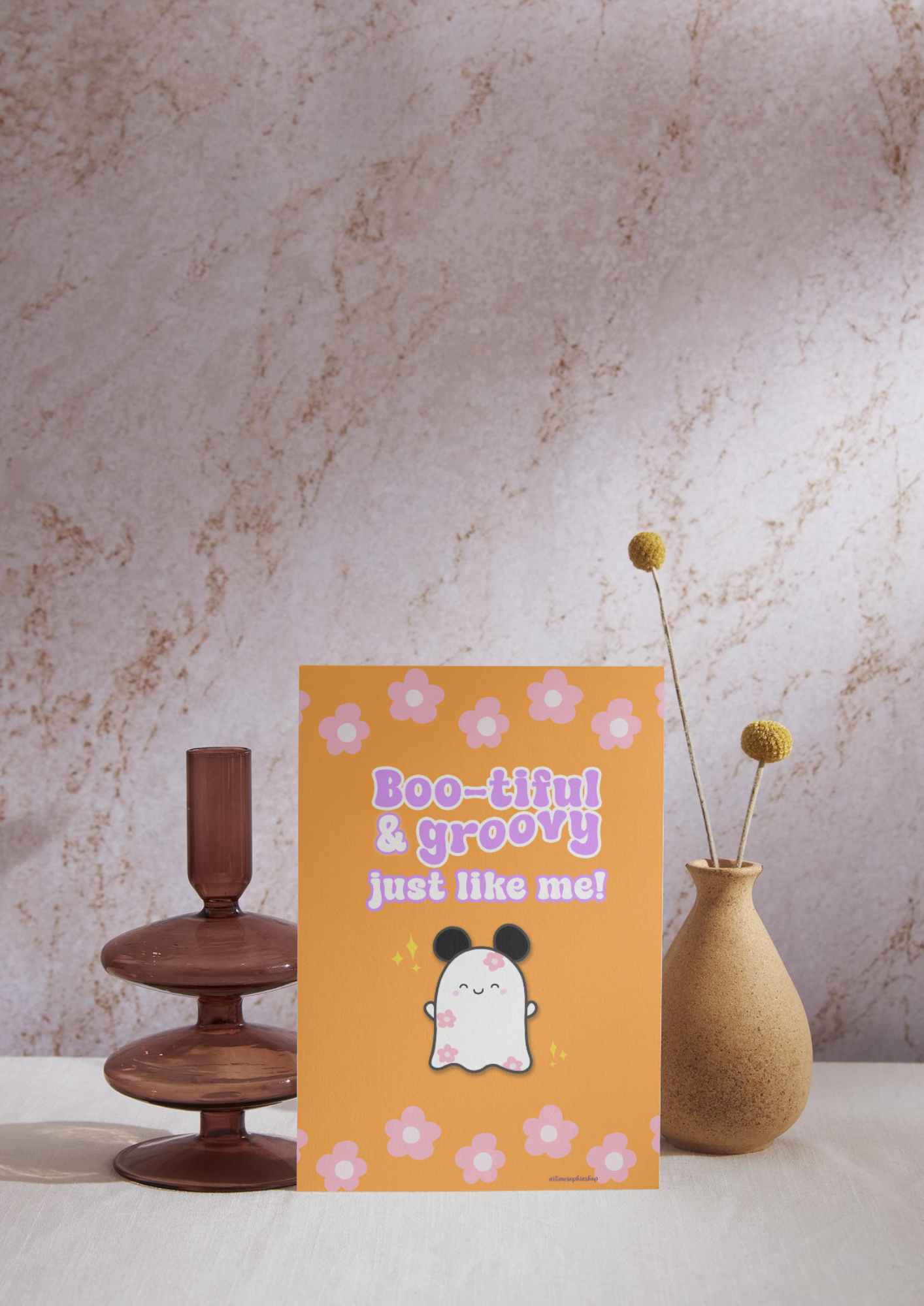 Cute Halloween art print with Daisyboo the ghost dancing under the phrase “Boo-tiful & groovy – just like me”, surrounded by colourful, whimsical Halloween elements.