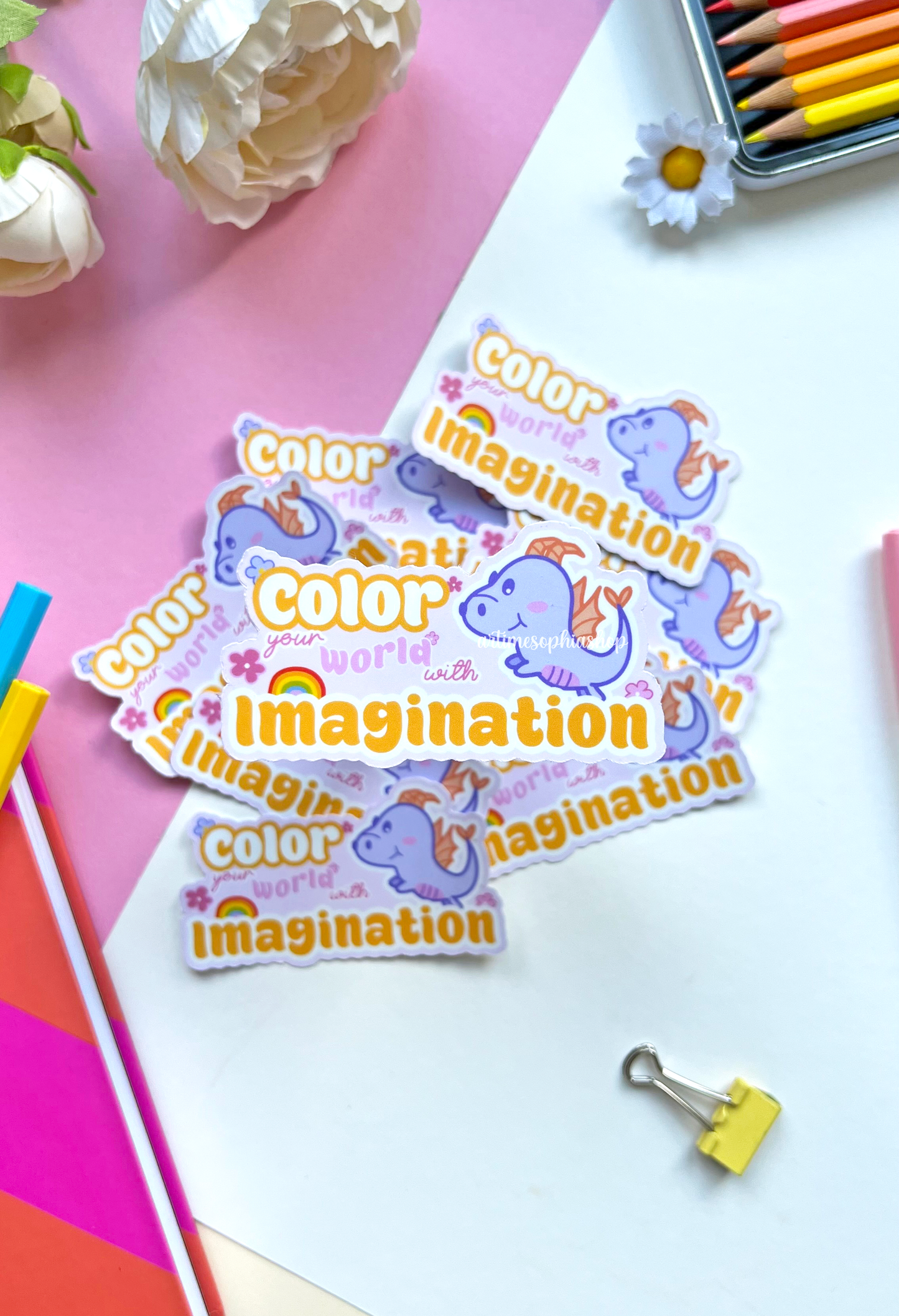 Vinyl sticker featuring Figment, art-themed doodles, and the quote “Color Your World With Imagination” — perfect for artists and dreamers.