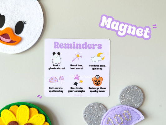 Halloween-themed magnet featuring Daisyboo the ghost and motivational phrases like "Rest – ghosts do too" and "Self-care is spellbinding", illustrated in soft pastel tones with spooky-cute charm.