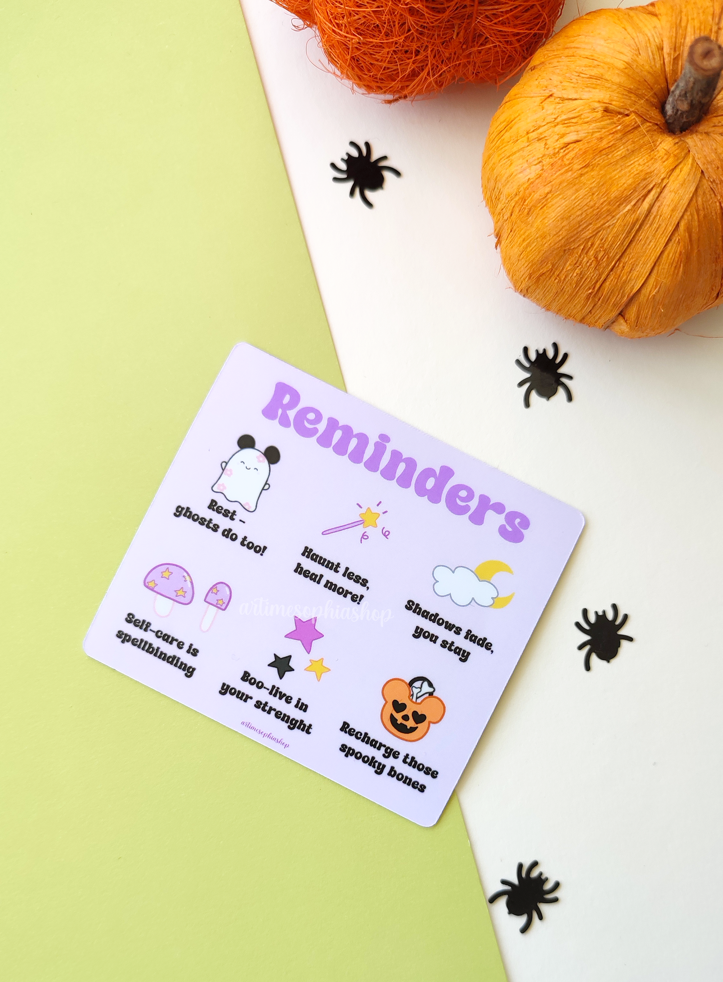 Halloween-themed magnet featuring Daisyboo the ghost and motivational phrases like "Rest – ghosts do too" and "Self-care is spellbinding", illustrated in soft pastel tones with spooky-cute charm.