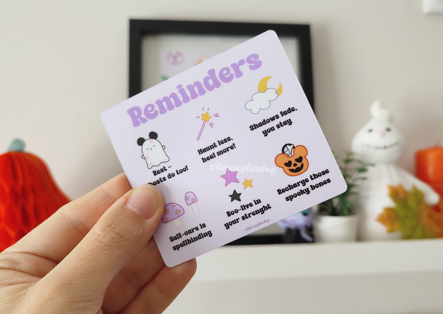 Halloween-themed magnet featuring Daisyboo the ghost and motivational phrases like "Rest – ghosts do too" and "Self-care is spellbinding", illustrated in soft pastel tones with spooky-cute charm.