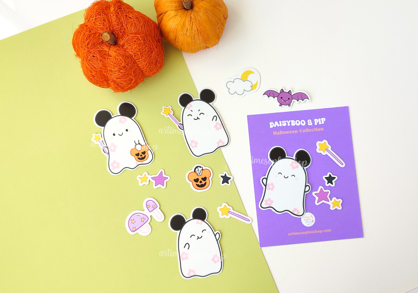 Halloween sticker pack with 14 hand-drawn vinyl stickers featuring Daisyboo the ghost and Pip the bat, printed in a spooky-cute pastel style.