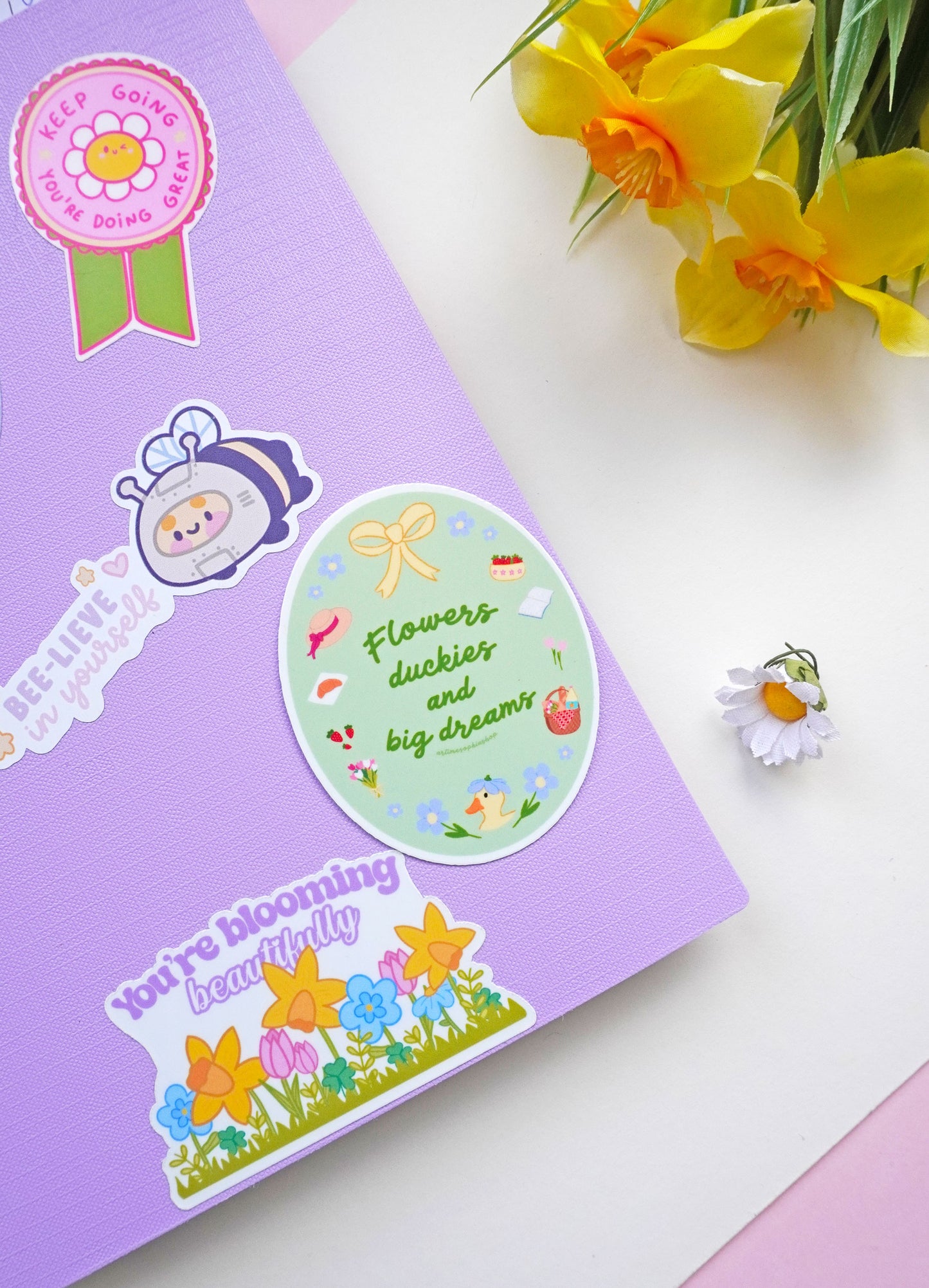 Cottagecore floral sticker featuring a duck and picnic-inspired illustrations