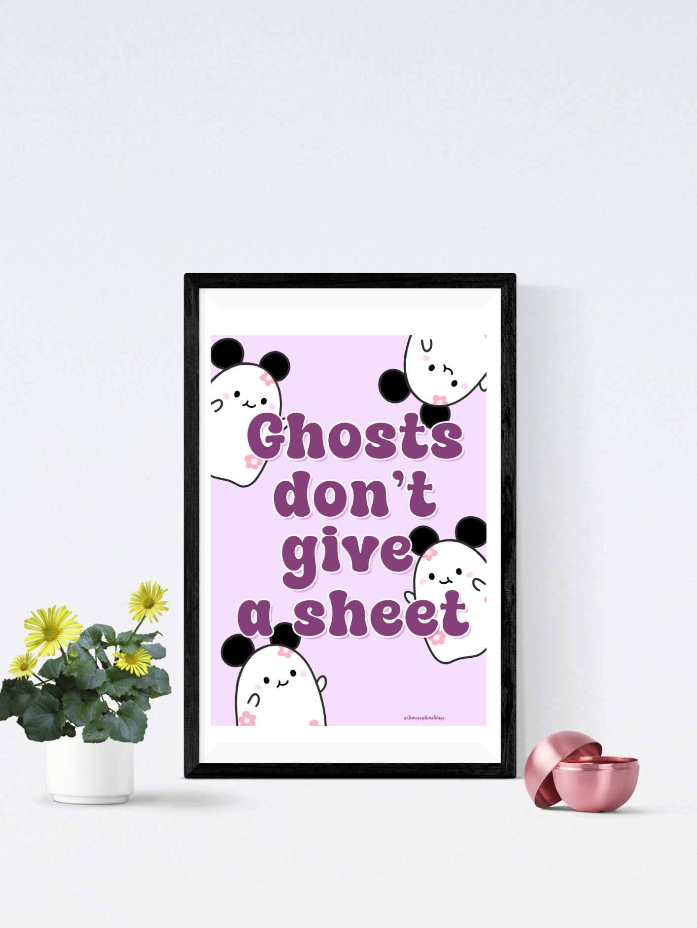 Pastel Halloween art print featuring Daisyboo the ghost with the funny phrase “Ghosts don’t give a sheet”, surrounded by magical and spooky-cute details.