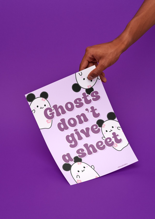 Pastel Halloween art print featuring Daisyboo the ghost with the funny phrase “Ghosts don’t give a sheet”, surrounded by magical and spooky-cute details.
