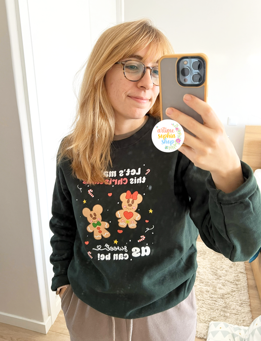 Featuring the ArtimeSophiaShop original illustration of Mickey & Minnie as gingerbread cookies and the phrase “Let’s make this Christmas as sweet as can be"