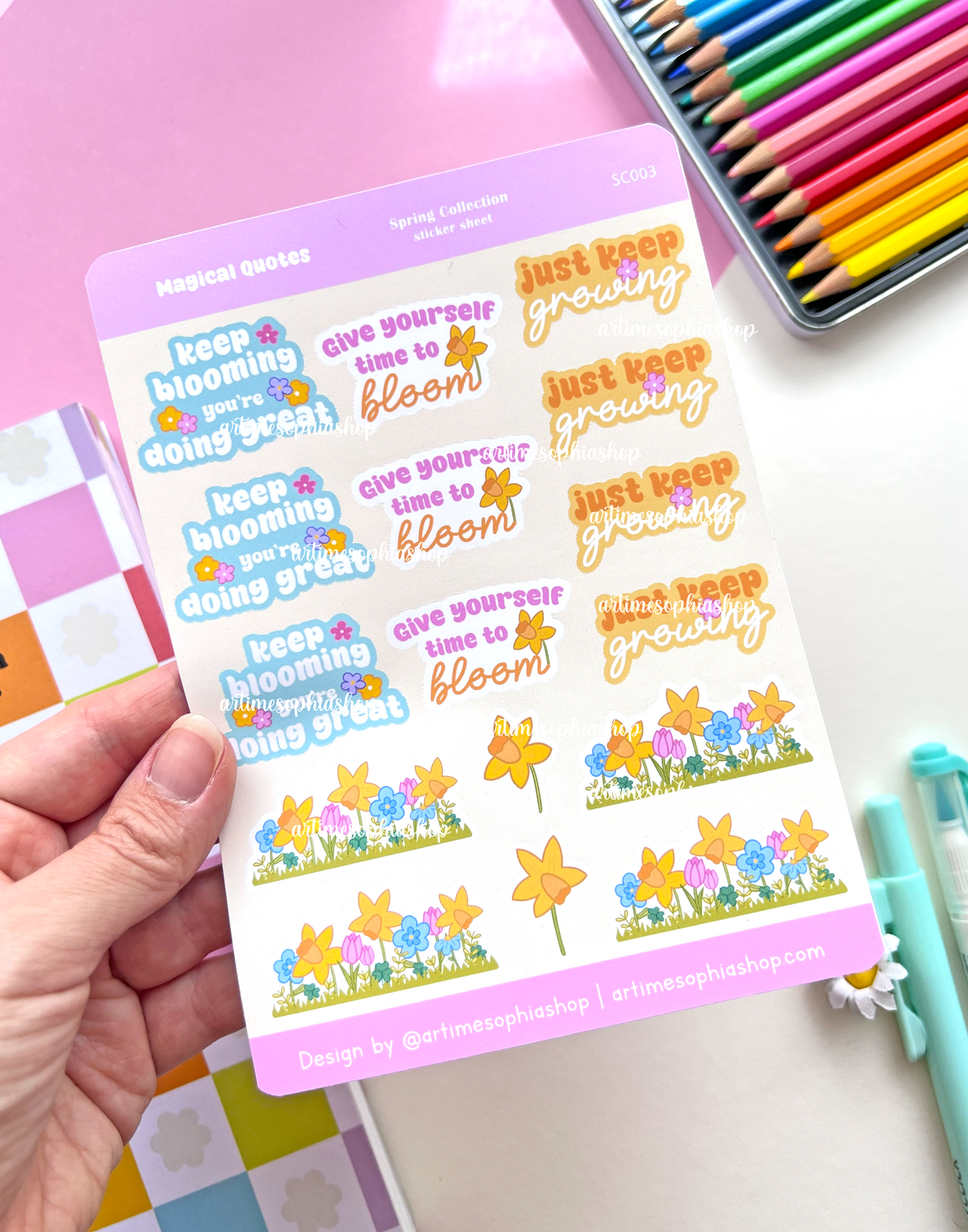 Close-up of groovy style planner stickers with floral details