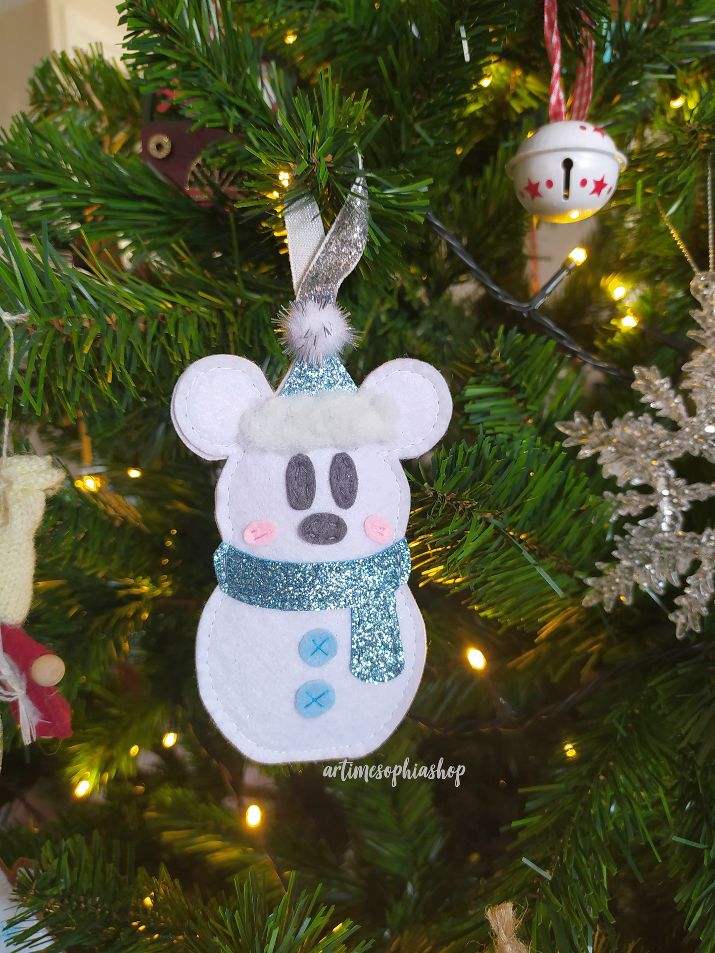 Mickey and Minnie Pastel Glitter Snowman Ornament, Christmas Tree stocking
