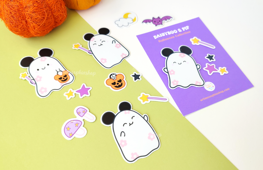 Halloween sticker pack with 14 hand-drawn vinyl stickers featuring Daisyboo the ghost and Pip the bat, printed in a spooky-cute pastel style.