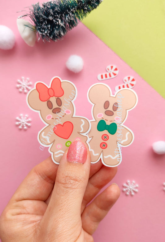 Festive sticker pack with gingerbread-style Mickey and Minnie illustrations, featuring warm Christmas colors and holiday baking charm.