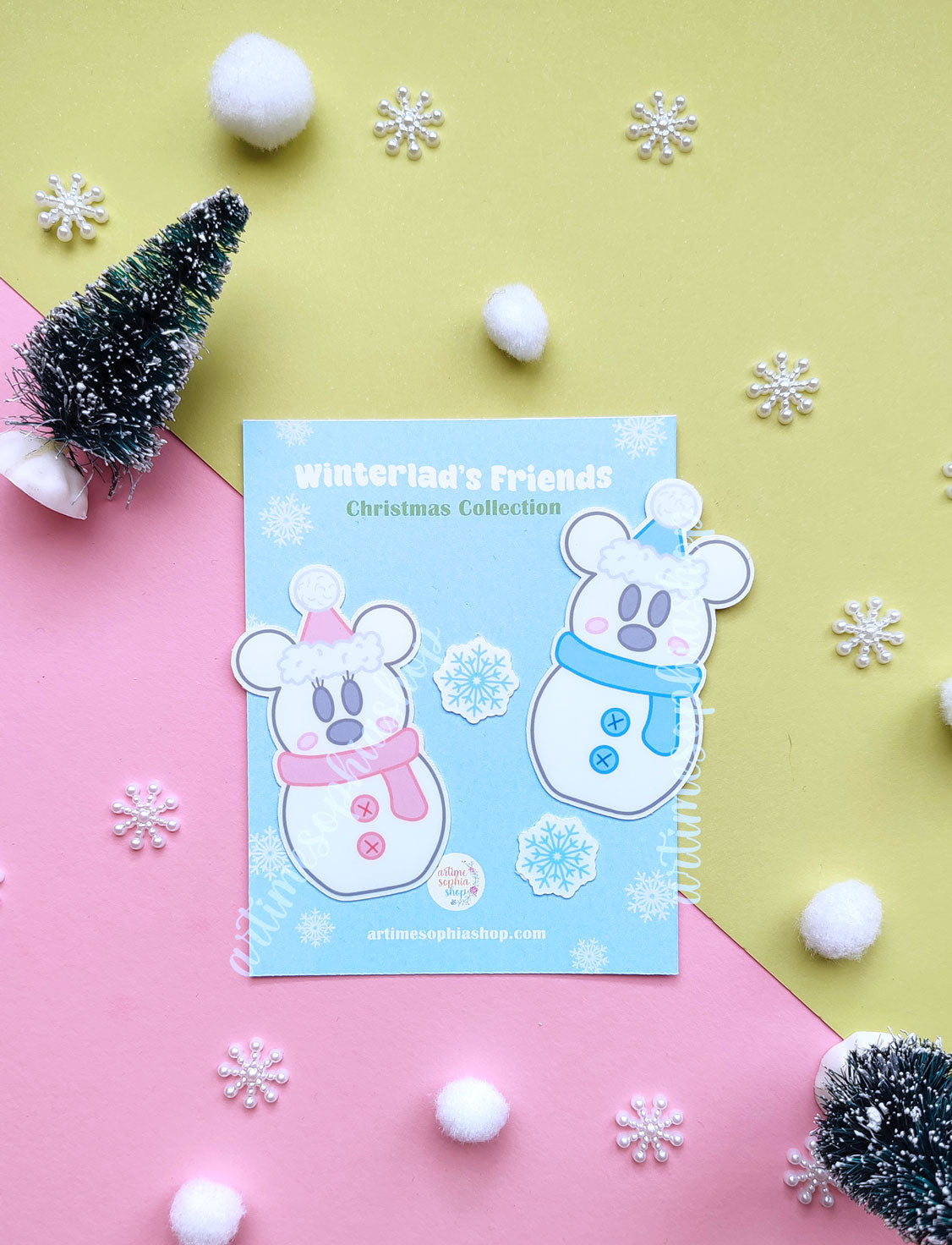 Festive sticker pack featuring snowman-style Mickey and Minnie in cozy winter outfits, printed on vinyl with soft snowy colors and holiday charm.