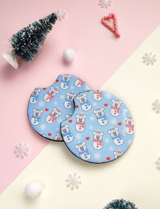 Set of two round car coasters with snowman-style Mickey and Minnie, featuring a festive winter design with soft snowy colors.