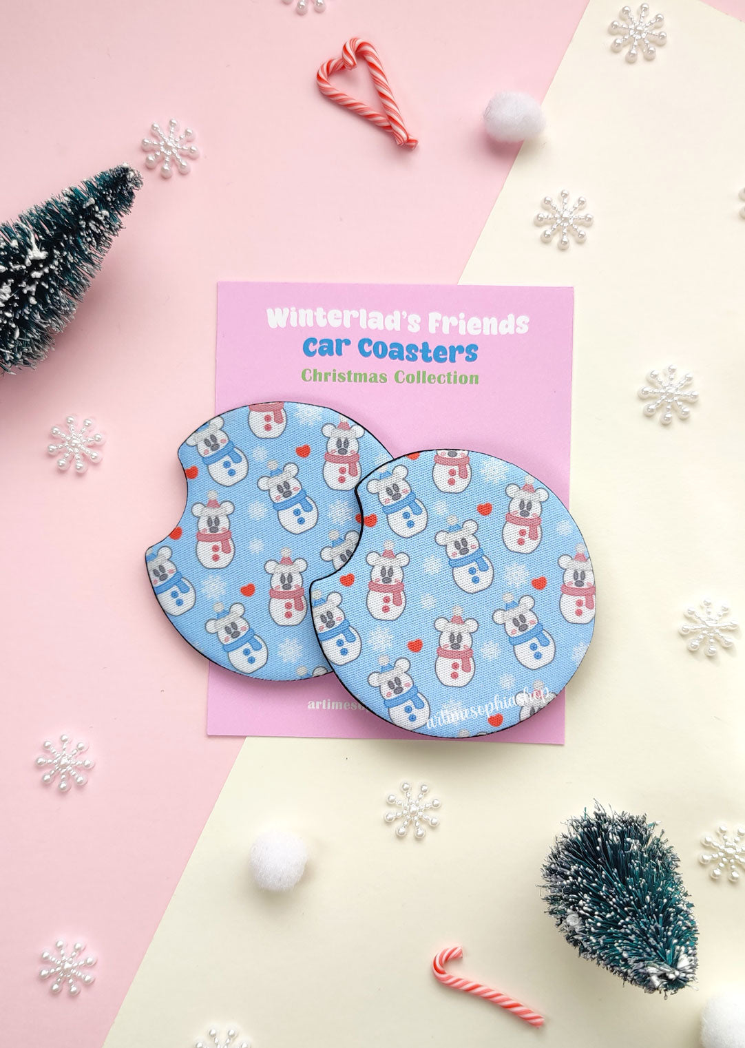 Set of two round car coasters with snowman-style Mickey and Minnie, featuring a festive winter design with soft snowy colors.