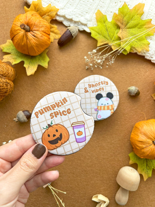 Pumpkin Spice & Ghostly Vibes – Car Coasters (Set of 2)