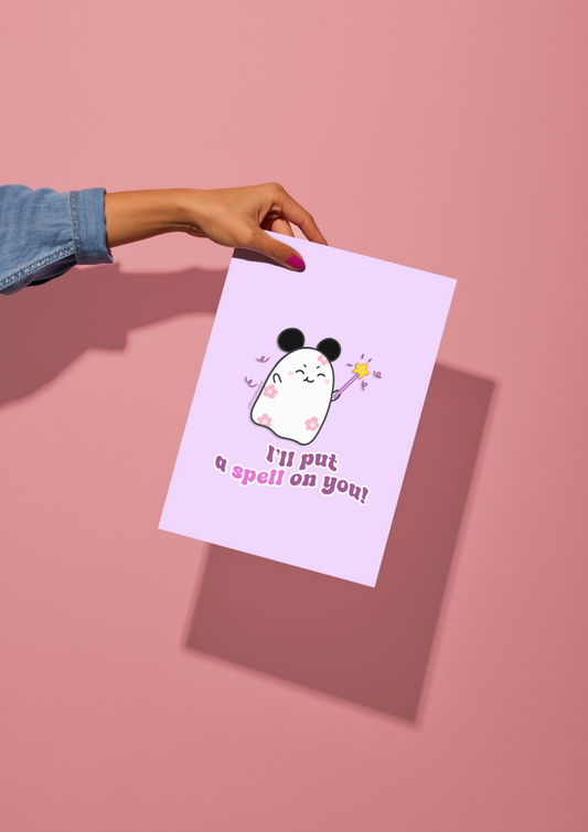 Halloween art print featuring Daisyboo the ghost with the phrase “I’ll put a spell on you!” in a colorful, pastel Halloween setting, designed in a fun and whimsical style.