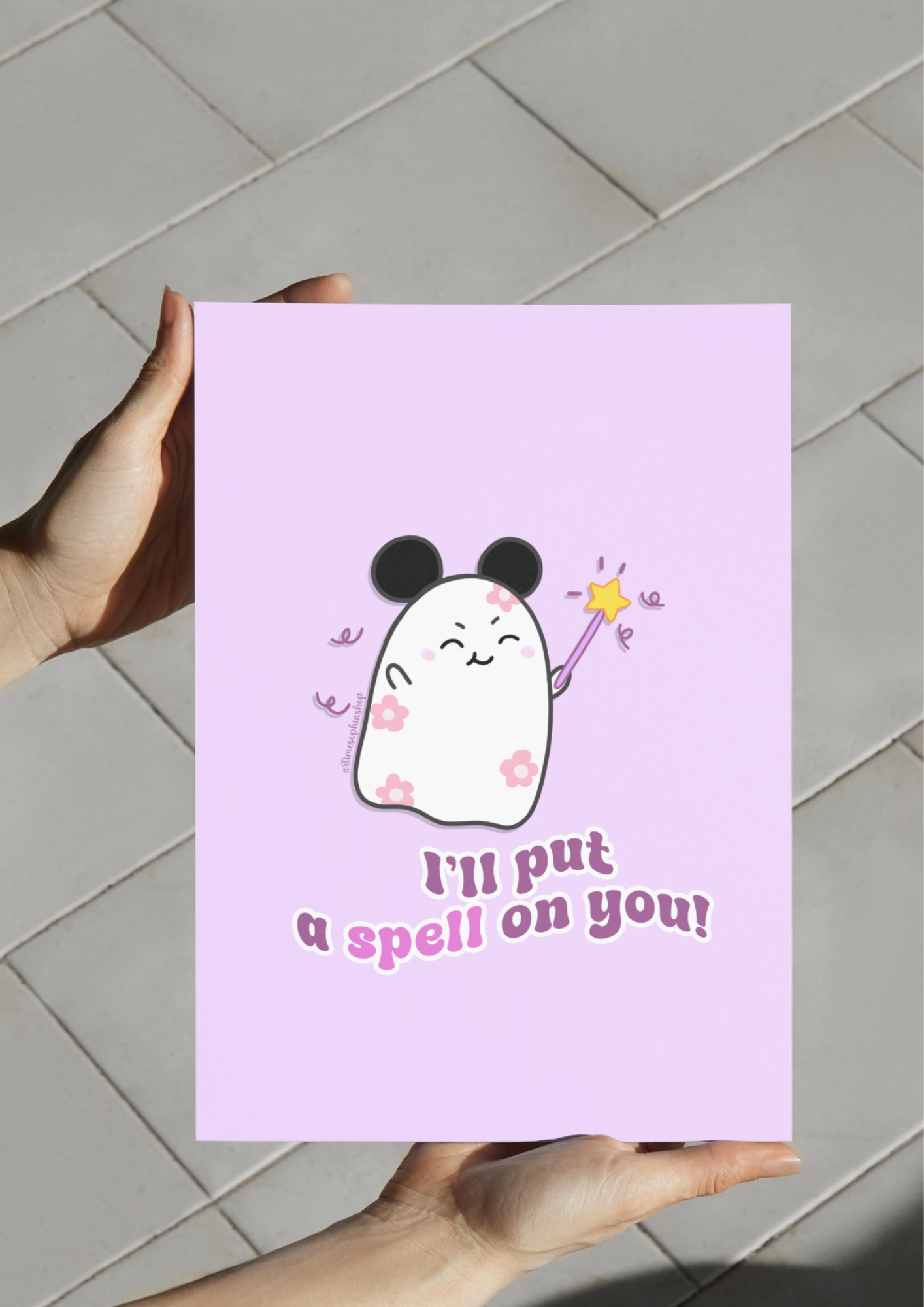 Halloween art print featuring Daisyboo the ghost with the phrase “I’ll put a spell on you!” in a colorful, pastel Halloween setting, designed in a fun and whimsical style.