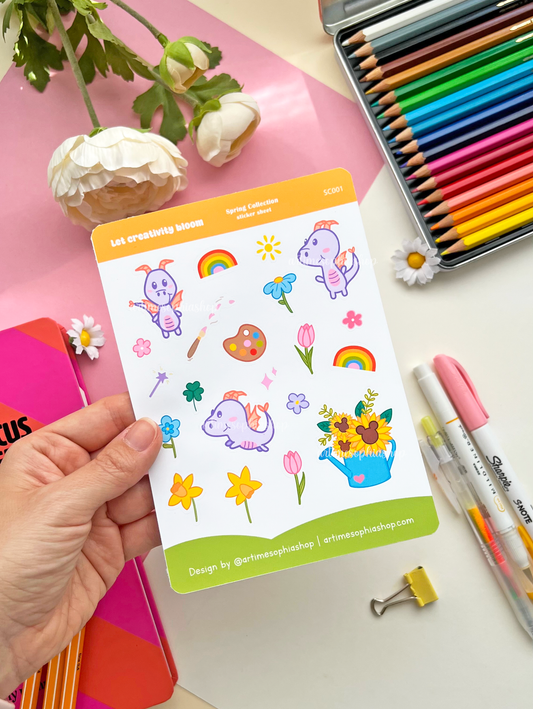 A colourful sticker sheet featuring Figment the dragon, rainbows, flowers, and art-themed illustrations on waterproof matte vinyl paper.