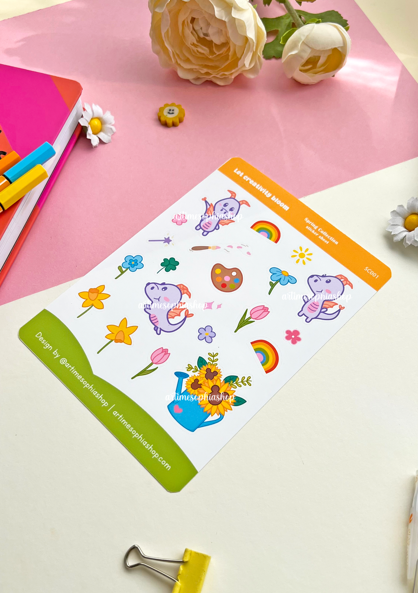 A colourful sticker sheet featuring Figment the dragon, rainbows, flowers, and art-themed illustrations on waterproof matte vinyl paper.