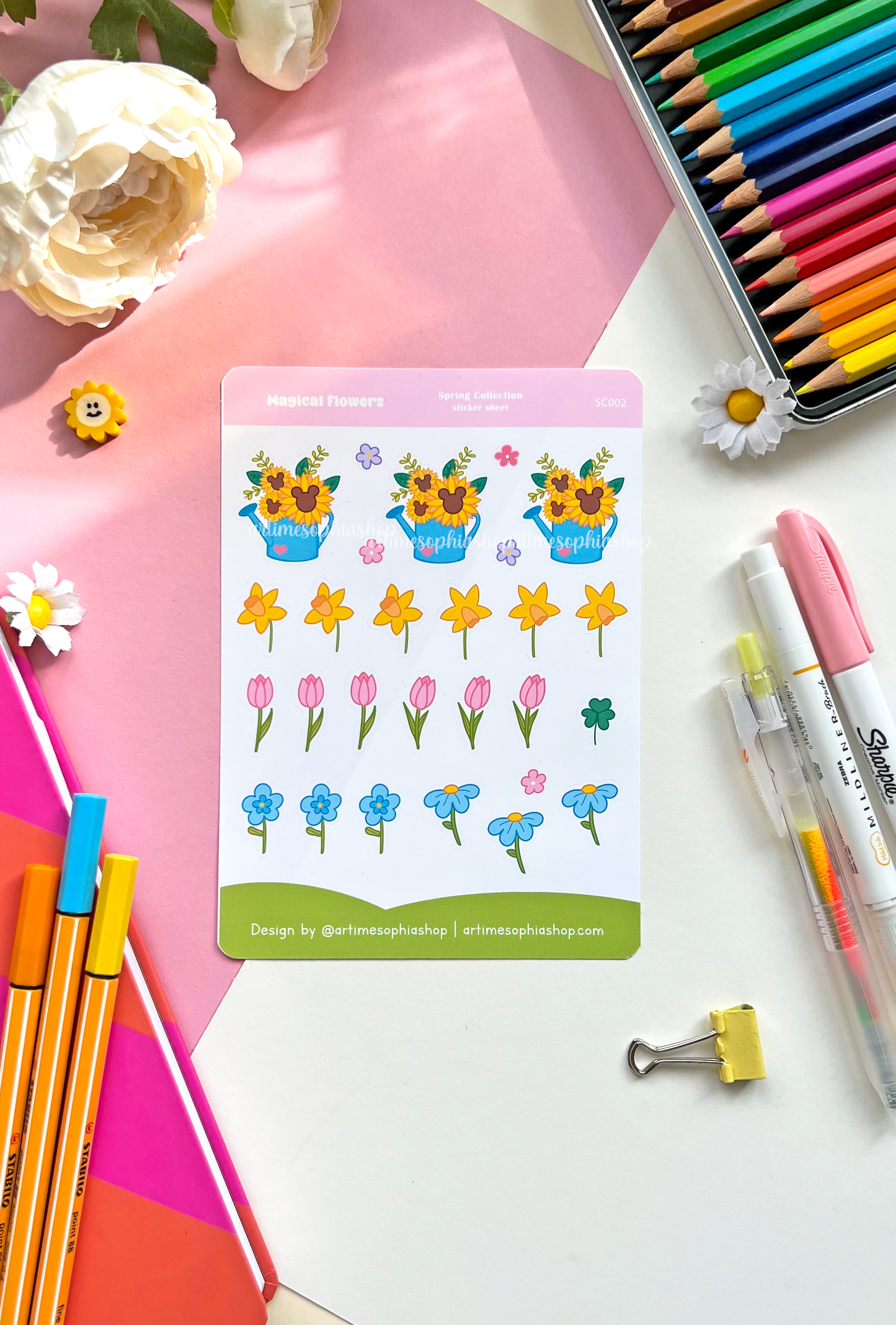 A pastel floral sticker sheet with 27 individual waterproof vinyl stickers, inspired by springtime blooms and magical garden vibes.