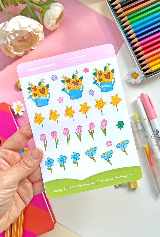 A pastel floral sticker sheet with 27 individual waterproof vinyl stickers, inspired by springtime blooms and magical garden vibes.