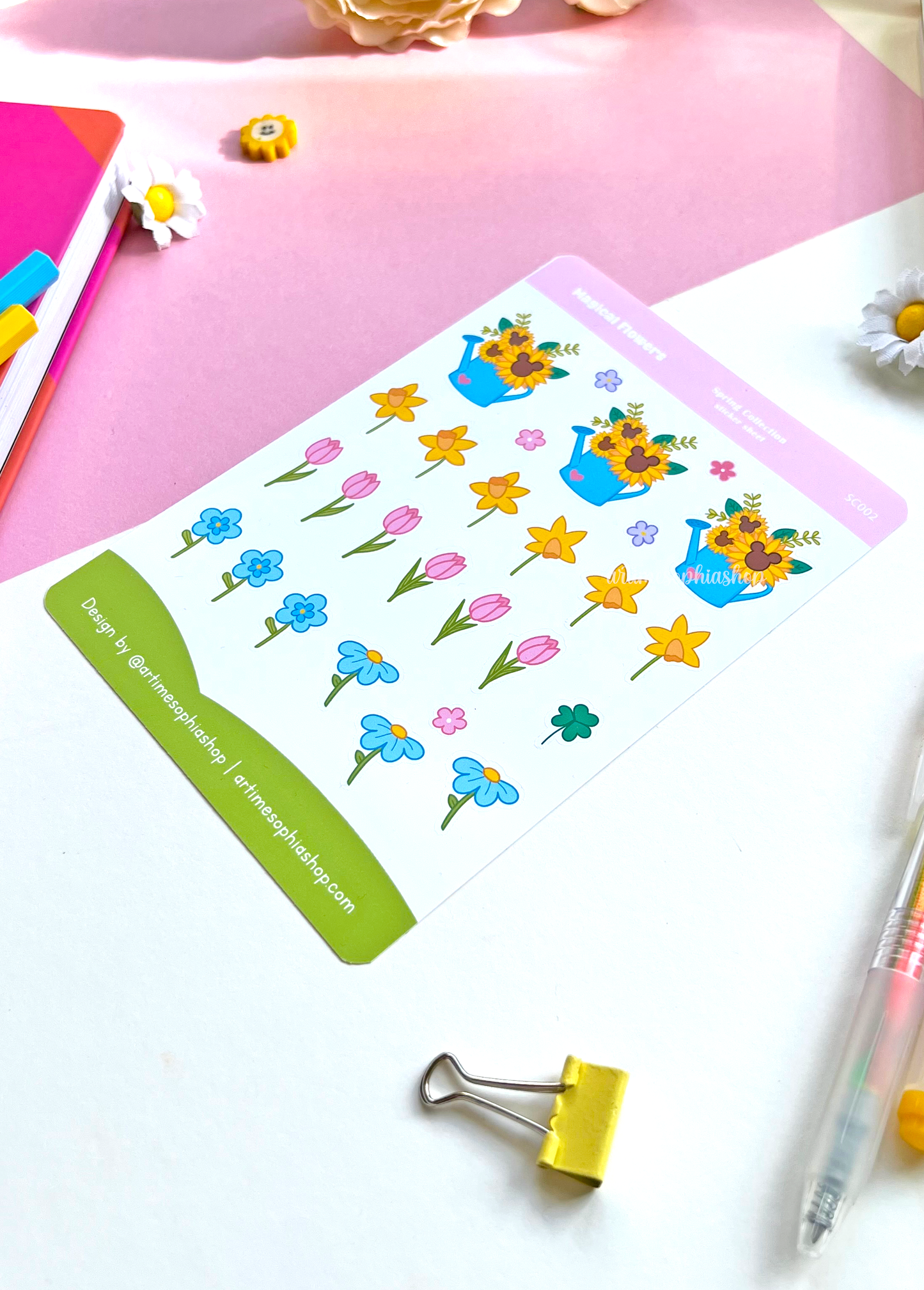 A pastel floral sticker sheet with 27 individual waterproof vinyl stickers, inspired by springtime blooms and magical garden vibes.