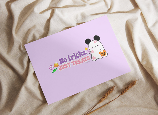 Halloween-themed art print featuring Daisyboo the ghost holding a candy bucket with the phrase “No tricks, just treats” in bold, colourful lettering, surrounded by cute spooky details.