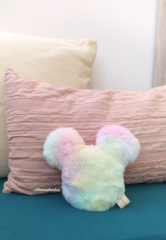 Handmade pastel rainbow Mickey head plush pillow — soft, fluffy and perfect as a decorative cushion for Disney fans.