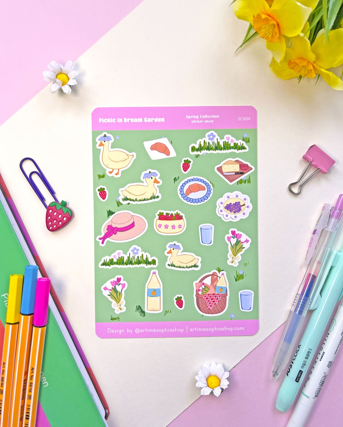 Garden-themed planner stickers featuring flowers, duck illustrations and picnic elements
