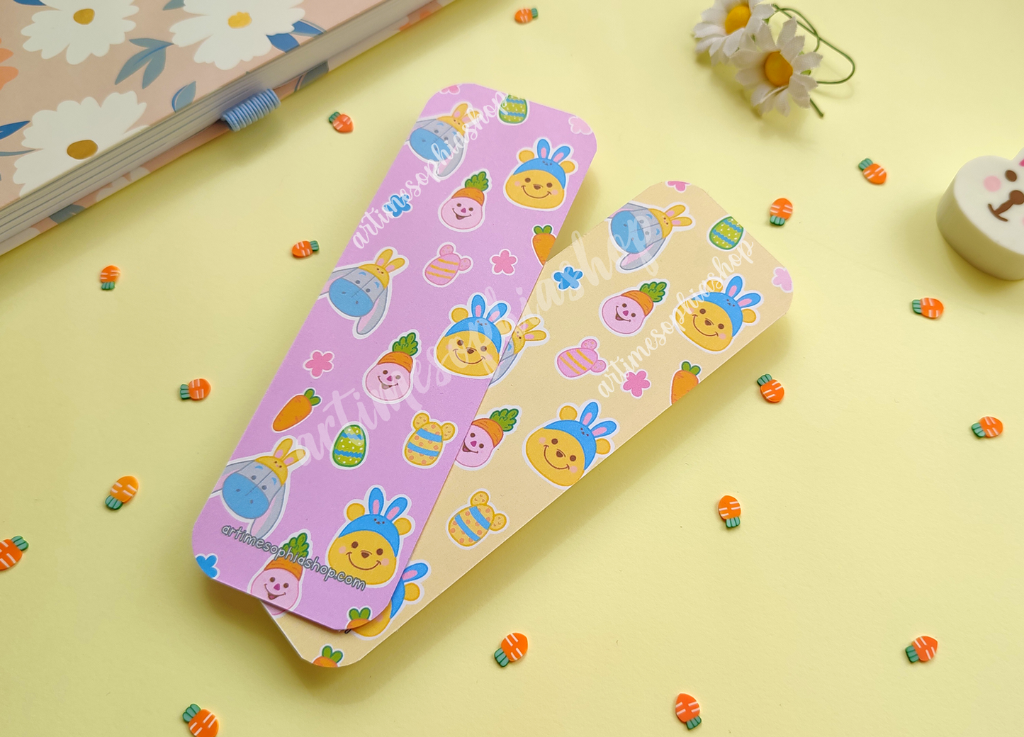 Double-sided Easter bookmark featuring Winnie the Pooh, Piglet, and Eeyore surrounded by spring elements. A gentle reminder to take a break from screens and enjoy reading.