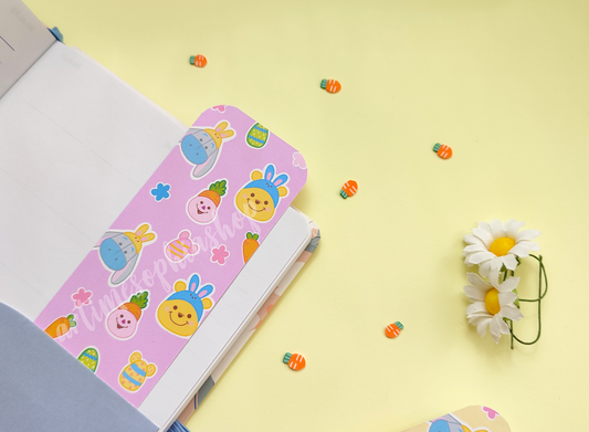 Double-sided Easter bookmark featuring Winnie the Pooh, Piglet, and Eeyore surrounded by spring elements. A gentle reminder to take a break from screens and enjoy reading.
