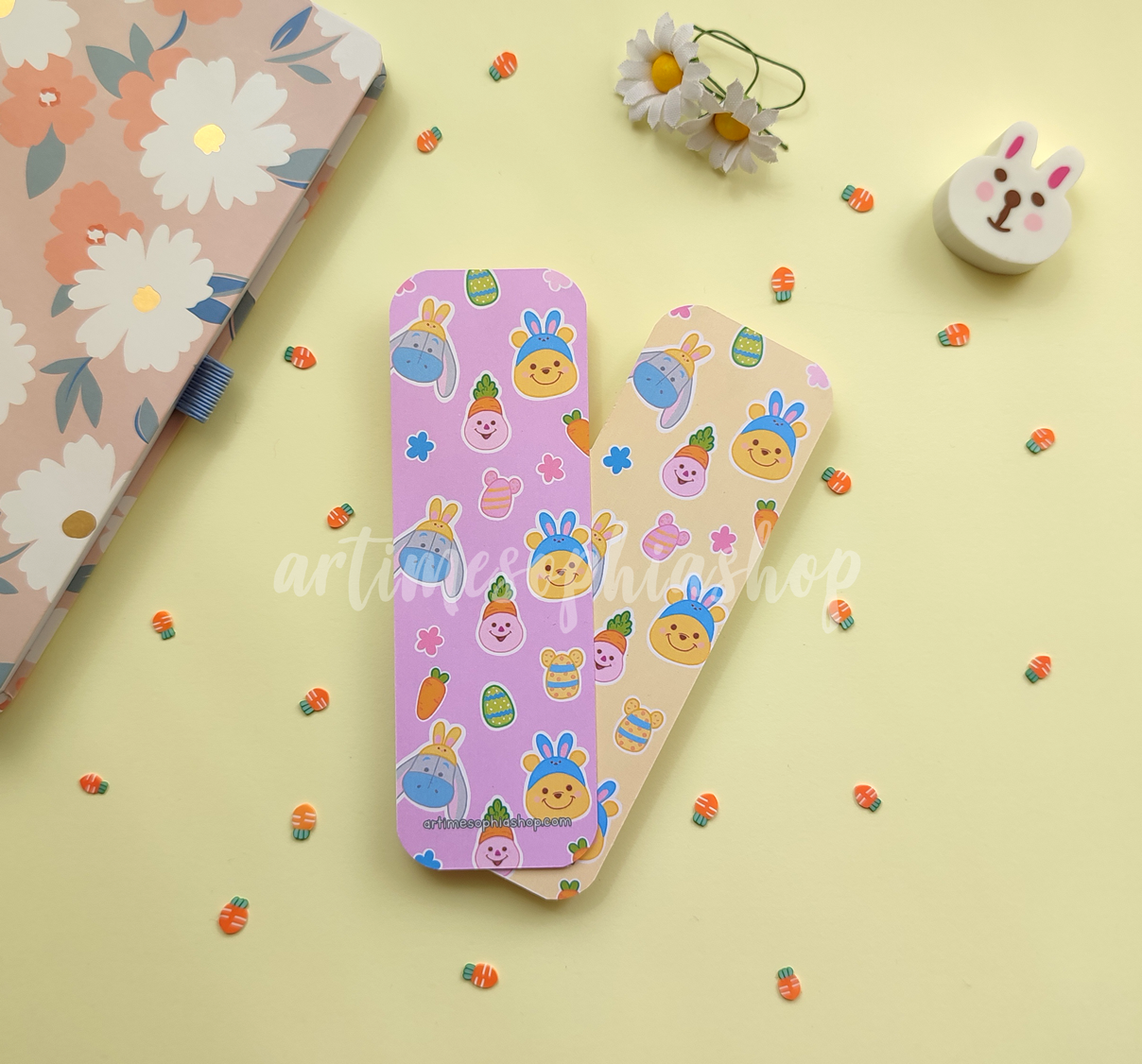 Double-sided Easter bookmark featuring Winnie the Pooh, Piglet, and Eeyore surrounded by spring elements. A gentle reminder to take a break from screens and enjoy reading.