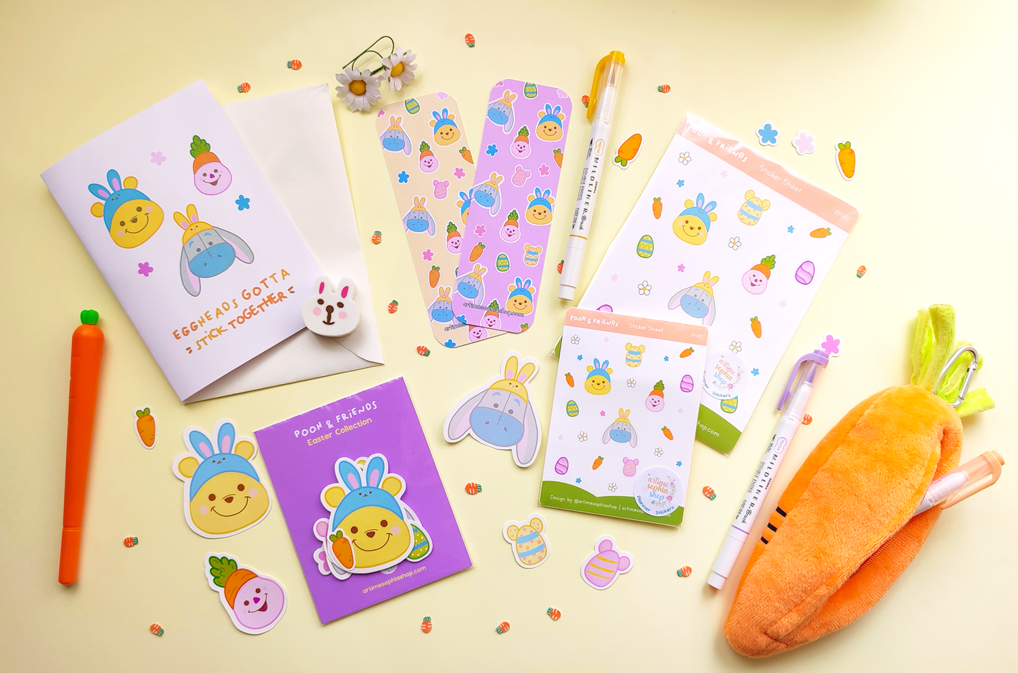 Double-sided Easter bookmark featuring Winnie the Pooh, Piglet, and Eeyore surrounded by spring elements. A gentle reminder to take a break from screens and enjoy reading.