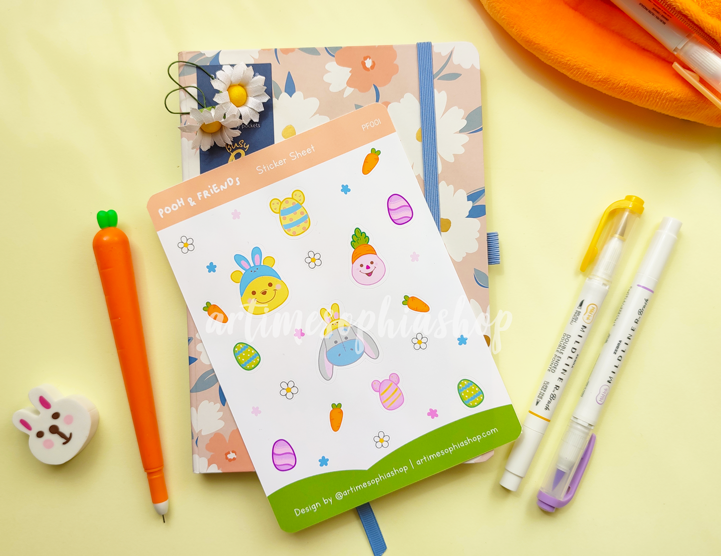 A5 planner sticker sheet featuring Winnie the Pooh, Piglet, and Eeyore in Easter scenes. Bright, hand-drawn illustrations perfect for decorating planners, crafts, or cards with springtime charm.