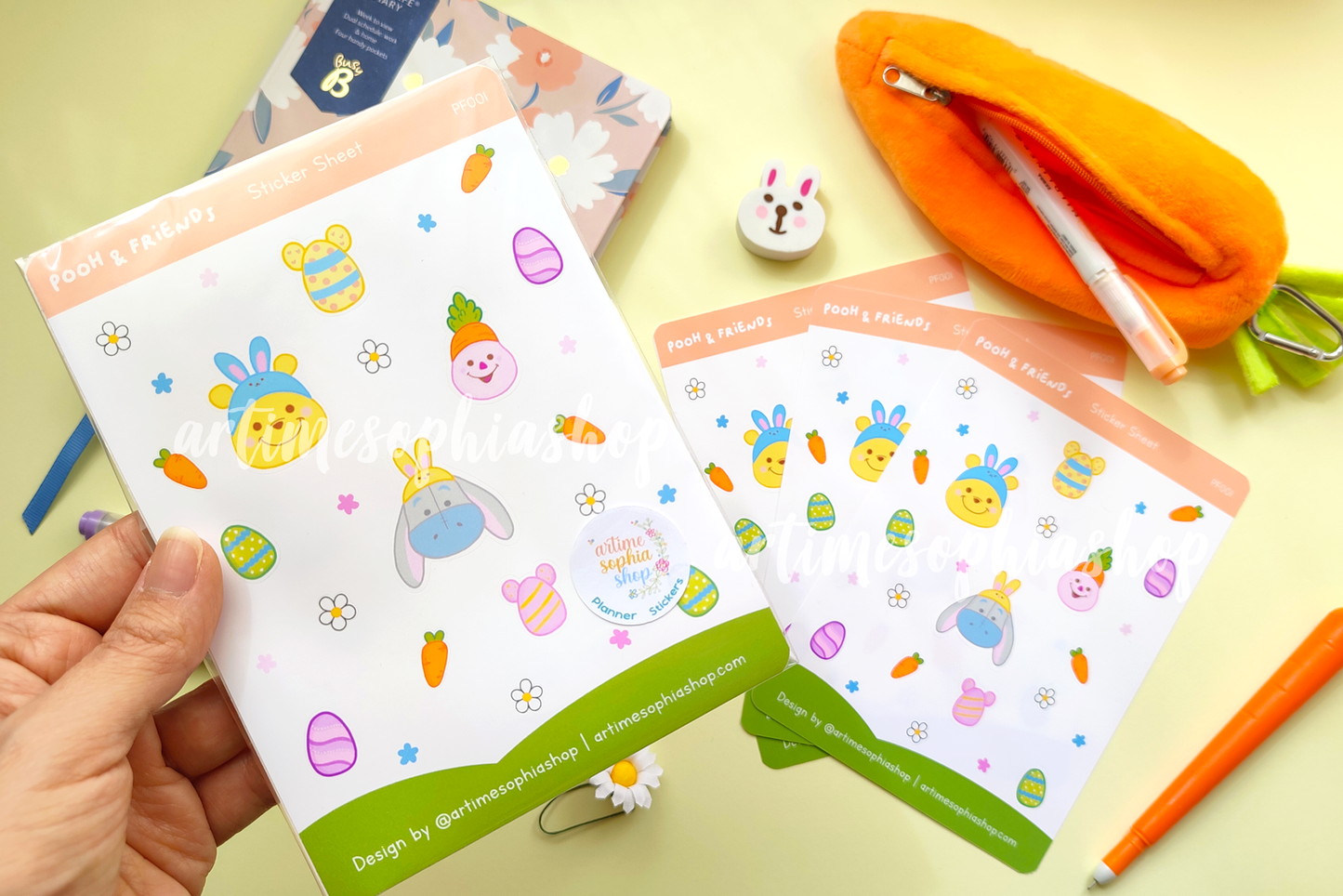 A5 planner sticker sheet featuring Winnie the Pooh, Piglet, and Eeyore in Easter scenes. Bright, hand-drawn illustrations perfect for decorating planners, crafts, or cards with springtime charm.