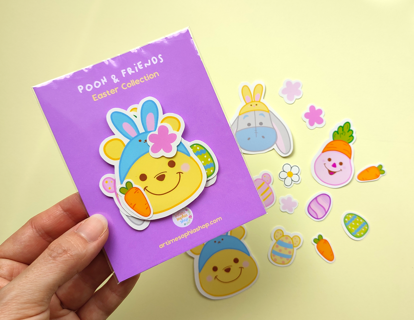 Set of 17 Easter-themed stickers featuring Winnie the Pooh, Piglet, and Eeyore in springtime scenes. Perfect for decorating cards, scrapbooks, and crafts.