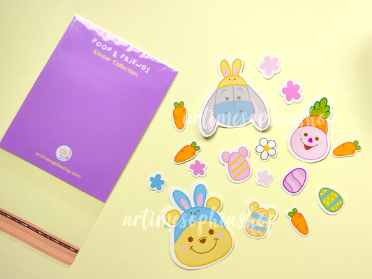 Set of 17 Easter-themed stickers featuring Winnie the Pooh, Piglet, and Eeyore in springtime scenes. Perfect for decorating cards, scrapbooks, and crafts.