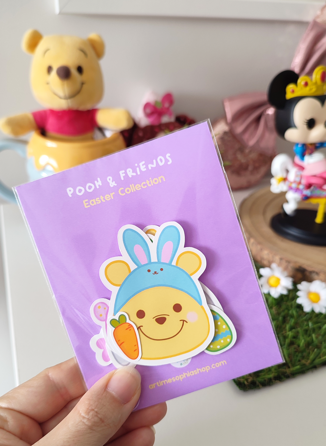 Set of 17 Easter-themed stickers featuring Winnie the Pooh, Piglet, and Eeyore in springtime scenes. Perfect for decorating cards, scrapbooks, and crafts.