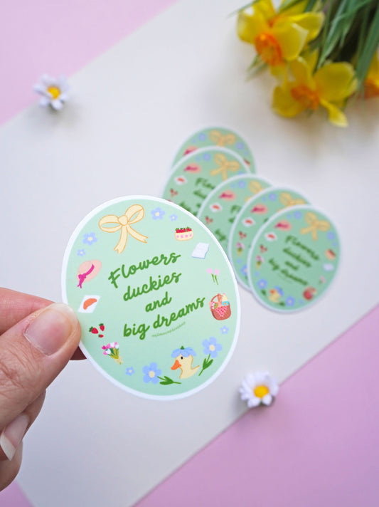 Flowers Duckies and Big Dreams vinyl sticker with whimsical garden artwork