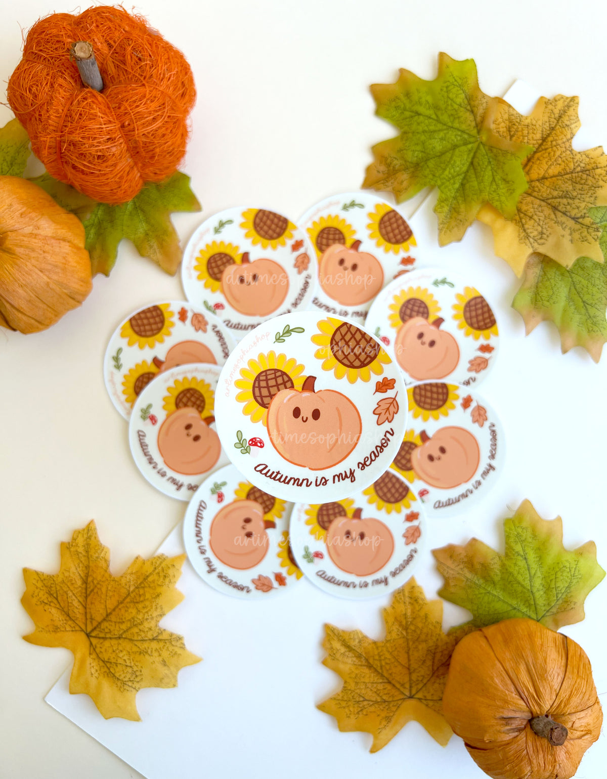 Water-resistant autumn sticker featuring pumpkin, leaves, sunflowers and mushroom