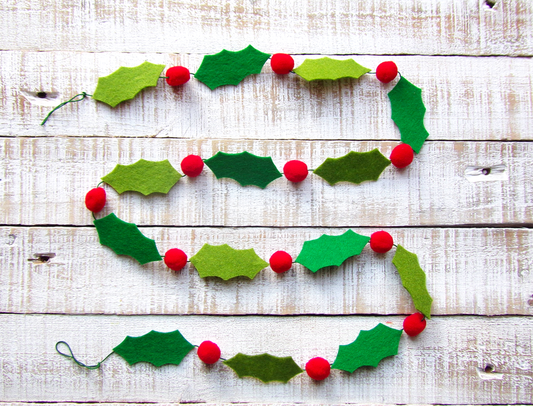 Handmade Felt Christmas Holly Garland, Festive Banner Mantle Decor