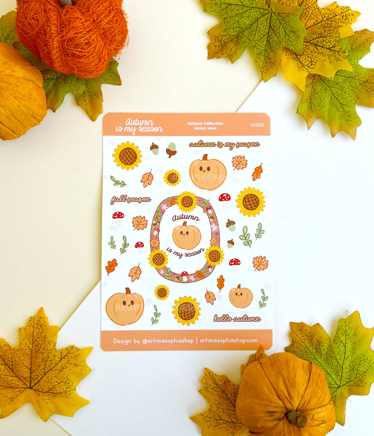 Autumn sticker sheet featuring pumpkins, autumn leaves, mushrooms, sunflowers and seasonal illustrations