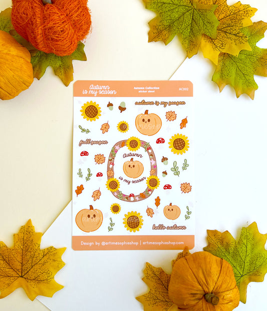 Autumn sticker sheet featuring pumpkins, autumn leaves, mushrooms, sunflowers and seasonal illustrations