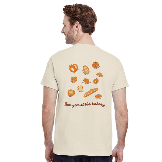 Cream T-shirt with a small Bakery Lovers Club illustration on the front