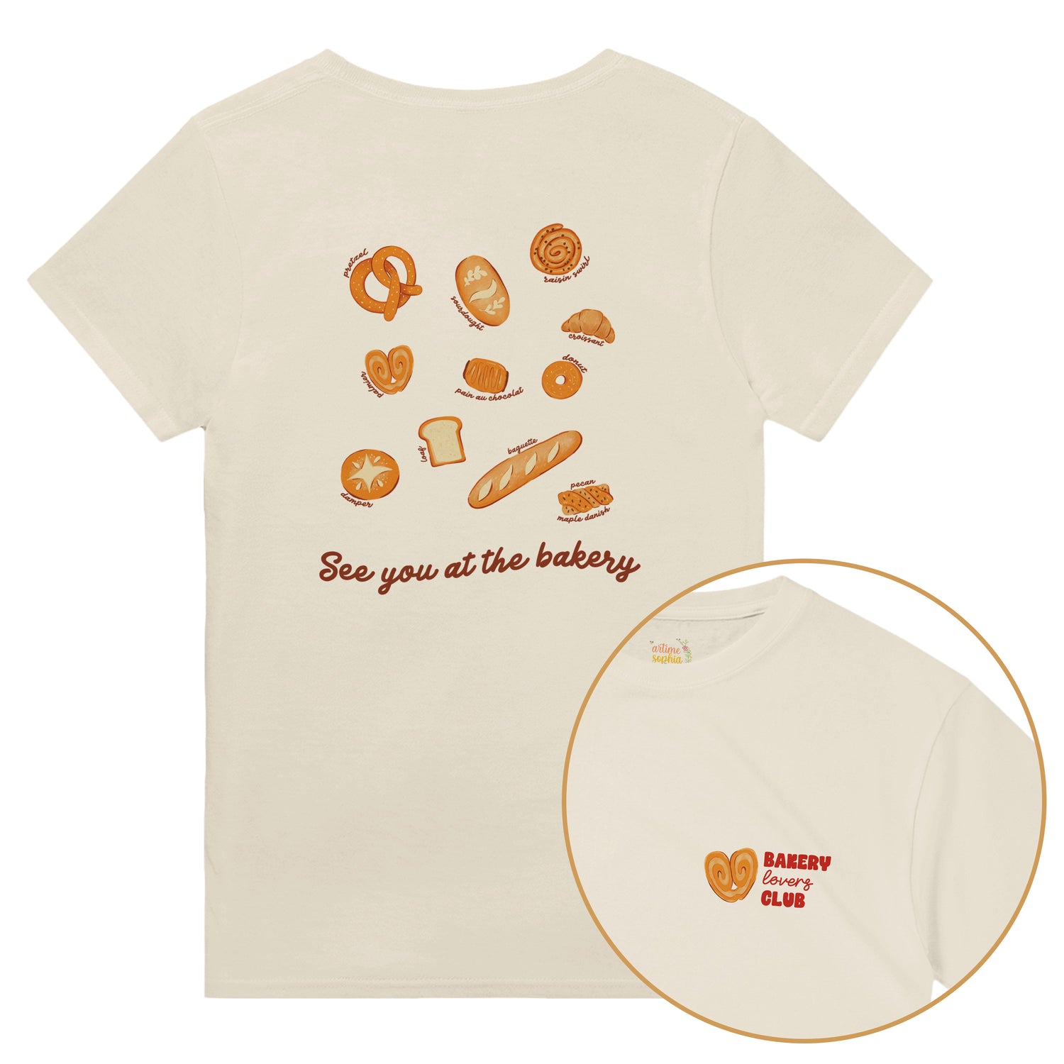 Cream T-shirt with a small Bakery Lovers Club illustration on the front