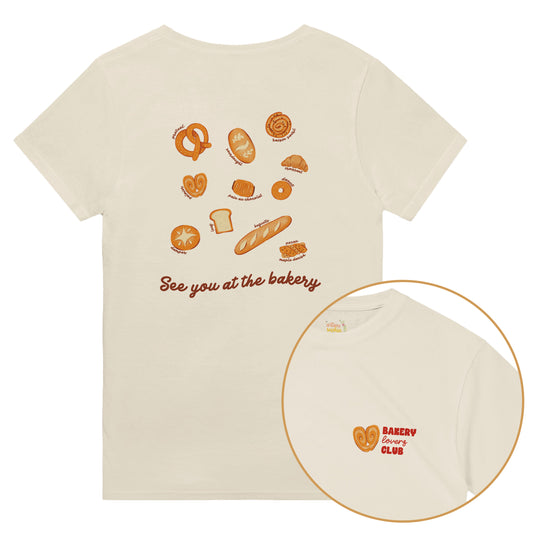 Cream T-shirt with a small Bakery Lovers Club illustration on the front