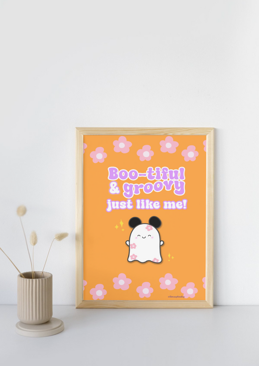 Cute Halloween art print with Daisyboo the ghost dancing under the phrase “Boo-tiful & groovy – just like me”, surrounded by colourful, whimsical Halloween elements.