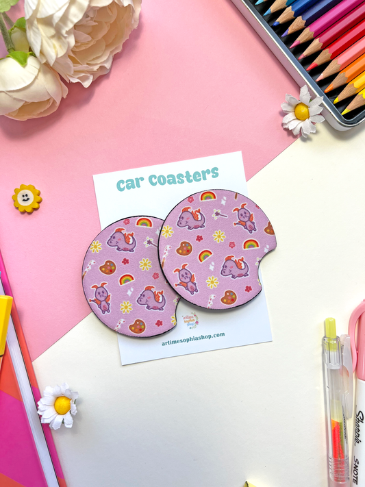 A set of two round neoprene car coasters featuring Figment the dragon with colourful art doodles on a soft lilac background.