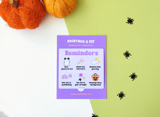Halloween-themed magnet featuring Daisyboo the ghost and motivational phrases like "Rest – ghosts do too" and "Self-care is spellbinding", illustrated in soft pastel tones with spooky-cute charm.